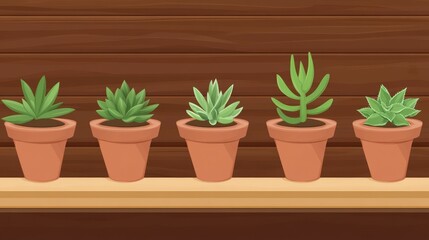 Fototapeta premium Charming Succulent Display in Terracotta Pots on Wooden Shelf