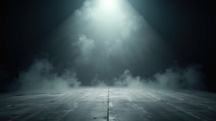 Empty concrete floor bathed in ethereal spotlight beam piercing through dense swirling fog. Dark atmospheric space creates dramatic depth with cinematic lighting perfect for product display.
