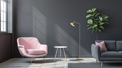 Minimalist Charcoal Grey Scandinavian Home Interior showcasing Deep Pink Lounge Chair, Gold Floor Lamp, and Modern Sofa