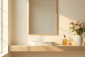 Serene Minimalist Bathroom Vanity with Natural Light and Floral Arrangement