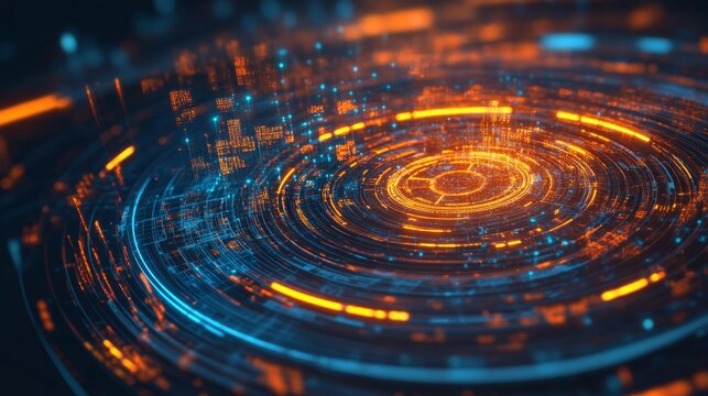 Abstract circular science fiction futuristic background with glowing particles, digital technology, and molecular structures for scientific visualization and biotechnology concepts


