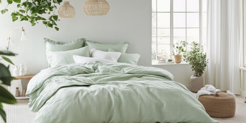 Sage Green Linen Bedding in a Serene Bedroom Setting