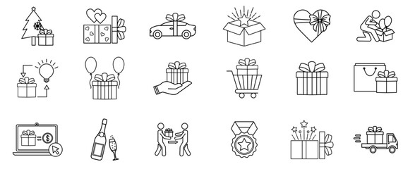 Gift box icon set. Present gift box tied, open, and sparkle for christmas, birthday, valentine, wedding event, party, celebration, and achievement success. editable