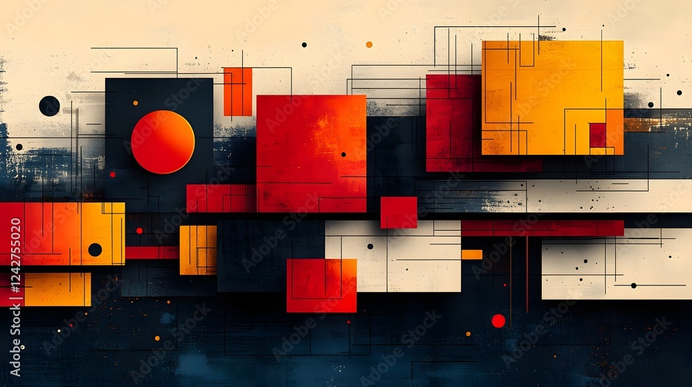 Poster Vibrant Geometric Abstract Composition with Overlapping Colorful Shapes and Patterns