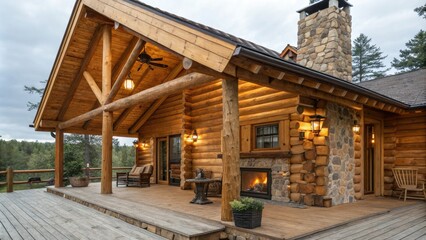 Fototapeta premium Wooden log cabin with a rustic exterior and a warm wooden interior, natural materials, cozy cabins, wood texture