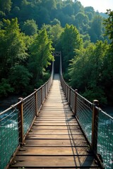 Obraz premium wooden planks on a suspension bridge crossing over the winding river, foliage, river