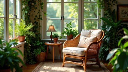 Sunlit Relaxation in a Verdant Indoor Garden Oasis Featuring a Comfortable Rattan Chair