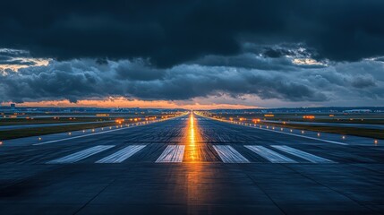 Obraz premium Runway to the Sunset: Dramatic Airport Runway at Dusk