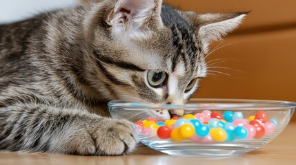A curious cat investigates a bowl of colorful candy-like balls.