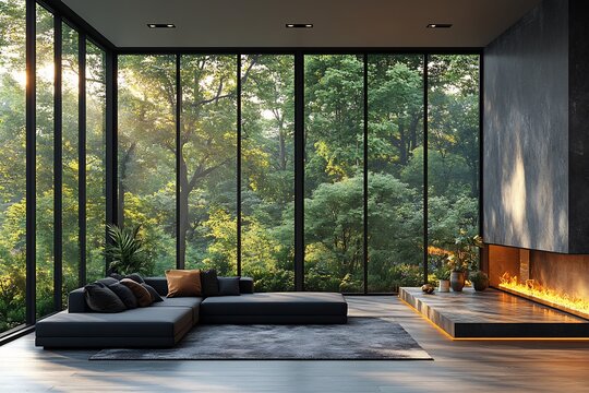 Fototapeta Serene Modern Living Room with Panoramic Forest Views