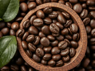 Fototapeta premium Wooden cup coffee beans with rich brown color and smooth surface, roasted coffee, rustic decor