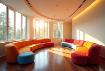 Fototapeta premium Modern sunlit interior featuring vibrant modular sofas arranged in a curved formation