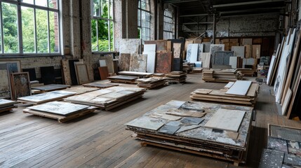 A spacious studio filled with stacked art pieces and frames, showcasing creative potential.