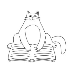 Cute cat reading a book. Stylized character for coloring. Outline drawing.