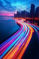 Fototapeta premium A river with colorful light trails flowing over the water, symbolizing fast performance and speed in technology. The background is a city at sunrise. The colors of reds, blues, oranges, and yellows