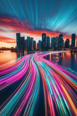 Obraz premium A river with colorful light trails flowing over the water, symbolizing fast performance and speed in technology. The background is a city at sunrise. The colors of reds, blues, oranges, and yellows