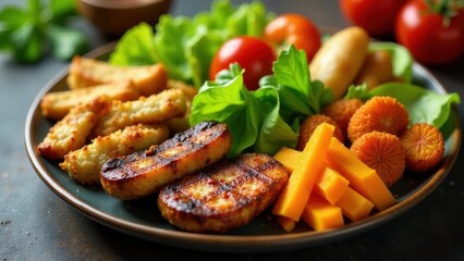Grilled cheese patties, crispy fried snacks, vibrant orange slices, and fresh lettuce on a plate