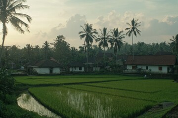 Fototapeta premium A field of rice with a river running through it
