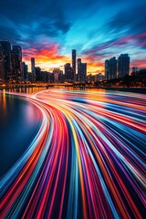 A river with colorful light trails flowing over the water, symbolizing fast performance and speed in technology. The background is a city at sunrise. The colors of reds, blues, oranges, and yellows