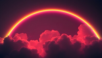 A vivid neon rainbow arching through fluffy clouds, glowing against a dark sky, with colorful light reflecting off the soft edges of the clouds.