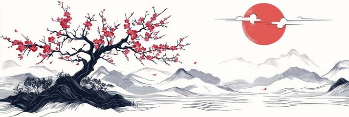 Red Blossoms Adorn A Branch Over Serene Mountainscape