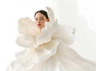 Fashion editorial Concept. Dark hair freckled woman of high fashion couture tulle flowing conceptual and pleats petal like white bridal angel dress. dynamic composition lighting. copy text space	
