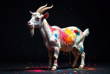 A vibrant white goat, adorned with colorful paint splatters, stands majestically against a stark black backdrop, showcasing a striking contrast and artistic expression.