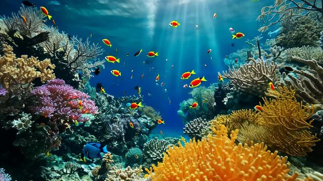 Underwater Paradise: A vibrant underwater scene teeming with life. A kaleidoscope of colorful coral reefs create a mesmerizing backdrop for a school of vibrant fish swimming in the sun's rays.