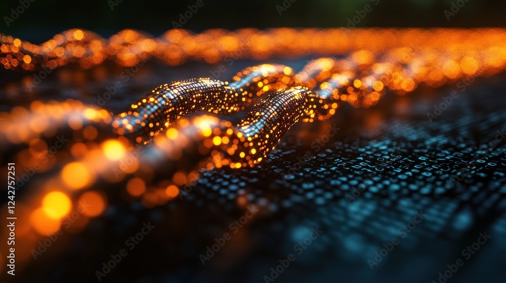 Aufkleber abstract representation of a glowing digital chain link with vibrant particles in a dark background