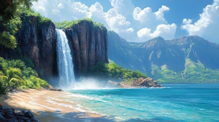 Tropical beach waterfall paradise; ocean view, lush vegetation, sunny day, travel postcard