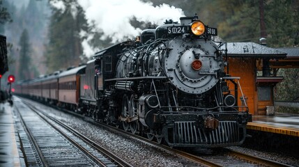 Fototapeta premium Steam train departs mountain station, rainy day