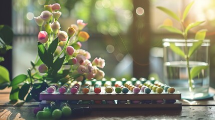 Colorful capsules in a pill organizer on a wooden table with a glass of water, representing daily medication routine for chronic illness management and health care.
