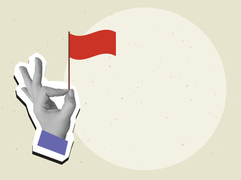 Hand holding a red flag, composition with a place for text. Modern photo collage style. Vector illustration