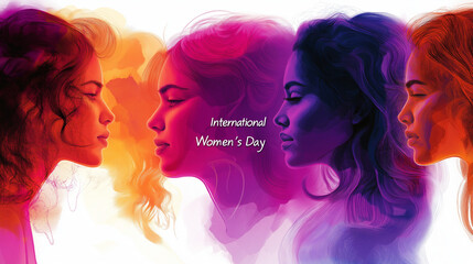 Abstract silhouettes of women in vibrant colors (pink, purple, and orange), arranged in a circle with "International Women's Day" text in the center, clean and modern style