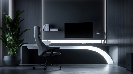 A modern minimalist home office featuring a curved ultrawide monitor, ergonomic racing chair, and a white and dark gray color scheme.