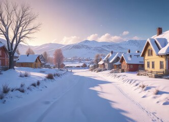 White snow covered landscape with houses in the distance , frosty landscape, serene countryside