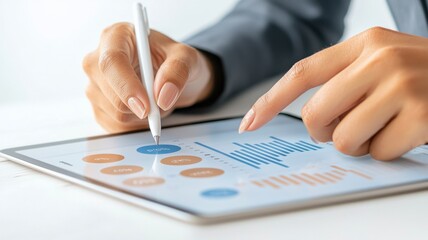A professional coaching analyzing financial data on a tablet, using a stylus to interact with graphs and metrics, showcasing modern digital analytics.