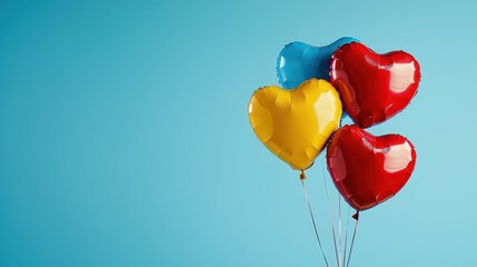 Colorful heart-shaped balloons float against a blue background, creating a cheerful and festive atmosphere.