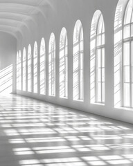 bright, minimalist interior with arched windows casting shadows