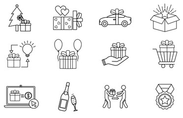 Gift box icon set. Present gift box tied, open, and sparkle for christmas, birthday, valentine, wedding event, party, celebration, and achievement success. editable