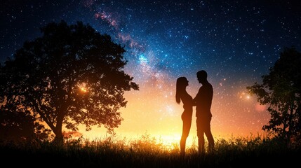 Fototapeta premium A romantic silhouette of a couple against a starry sky during sunset, symbolizing love and connection in a serene natural setting.
