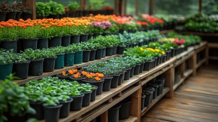 Fototapeta premium Vibrant display of potted flowers and plants in a greenhouse with natural light shining through