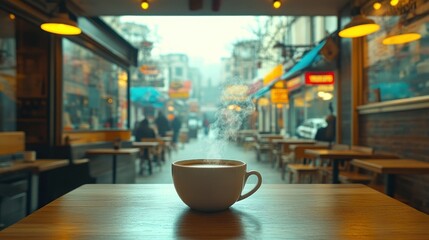 Cafe view, steaming coffee, city street. Background use