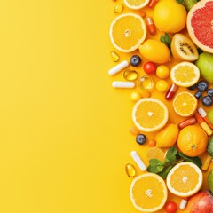 Vibrant Citrus and Fresh Fruits on Yellow Background