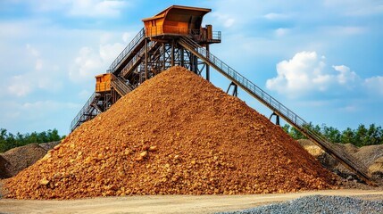 Obraz premium A large industrial stone crusher and conveyor system operating in a quarry under a blue sky