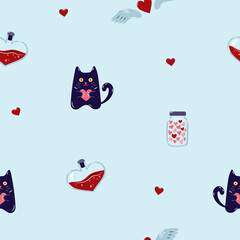 Valentine's Day Seamless pattern with cats and Heart shaped flask. Cute background for textiles and packaging. On blue background. Vector illustration.