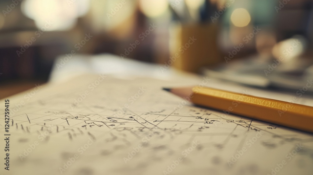 Poster a close-up of a math paper with complex equations and geometric shapes, a pencil lying beside it on 