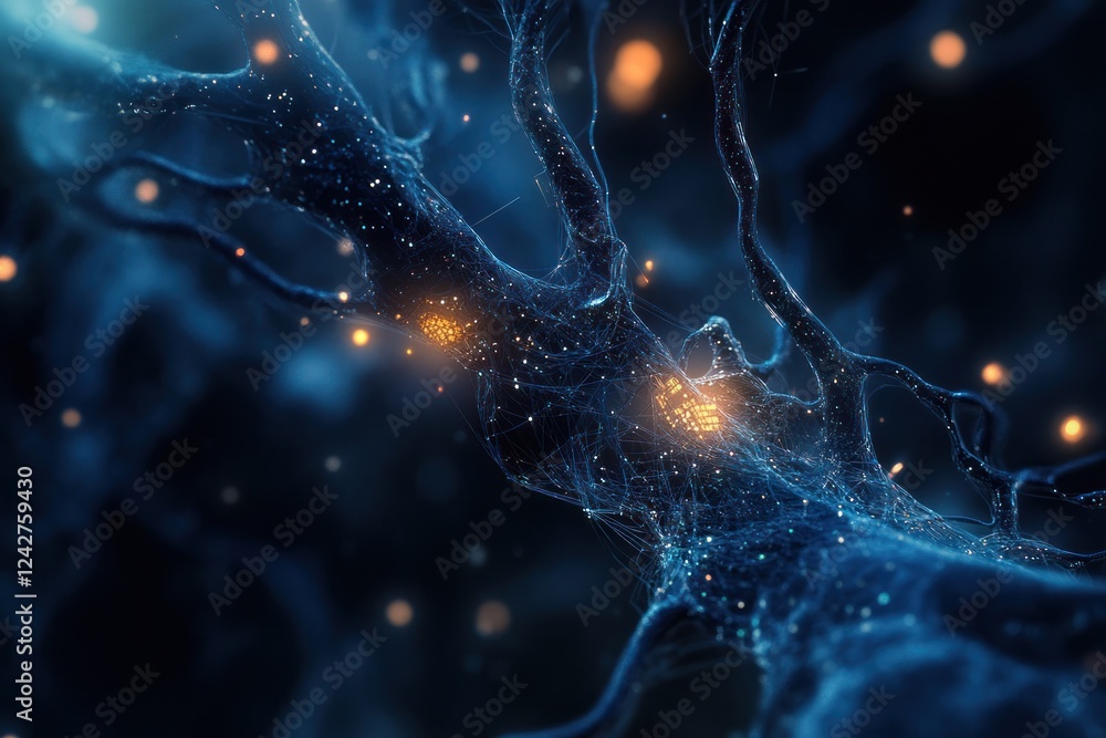 Poster abstract network with bright nodes on dark background for science or tech