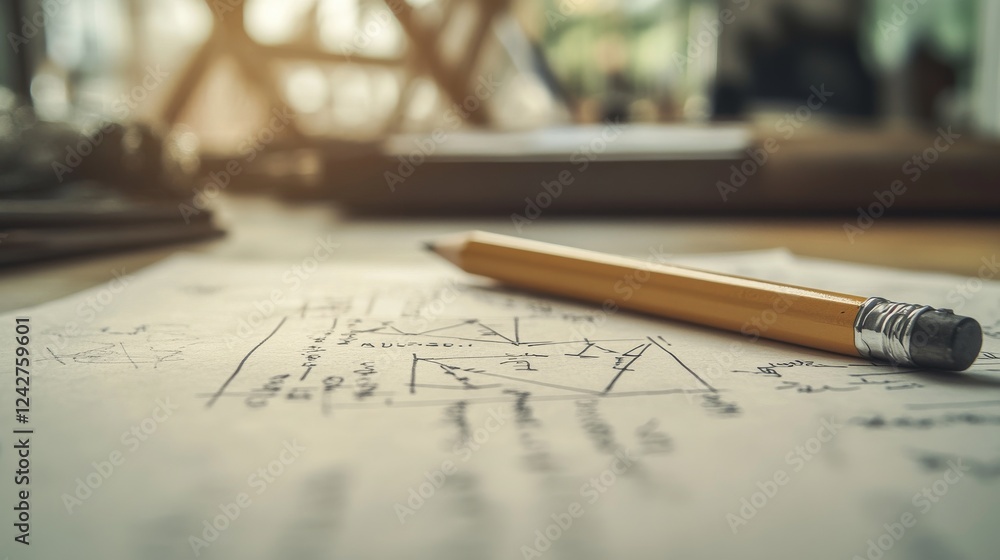 Poster a close-up of a math paper with complex equations and geometric shapes, a pencil lying beside it on 