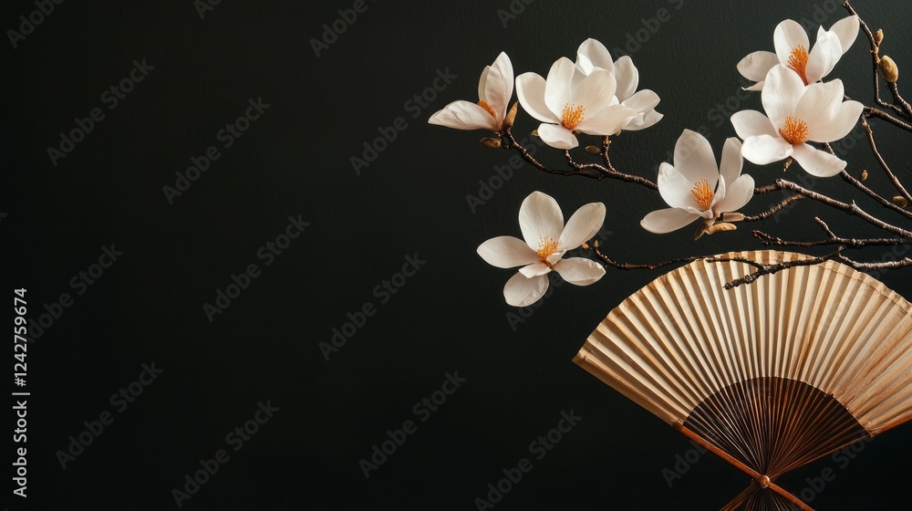 Poster delicate magnolia flowers bloom gracefully beside an intricately designed fan, creating a tranquil a